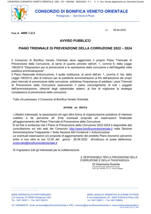 AVVISO PUBBLICO PIANO 2022 2023 2024 ANTICORRUZIONE